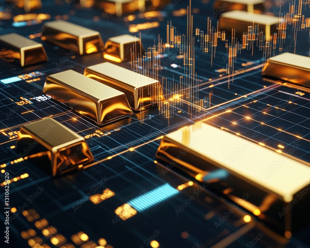 A close-up of gold bullion with real-time trading charts hovering above. A close-up of gold bullion with real-time trading charts hovering above.