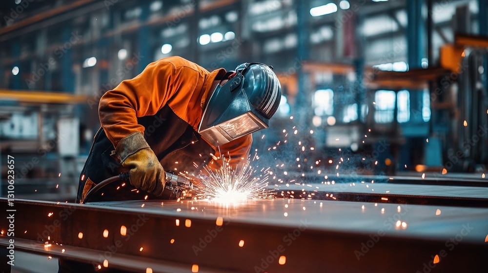 Metal Worker Welding Sparks in Factory Setting with Steel Structure Metal Worker Welding Sparks in Factory Setting with Steel Structure