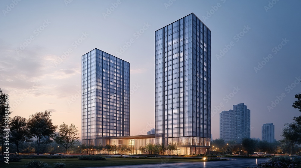 Obraz premium Modern Glass Skyscrapers at Dusk in City