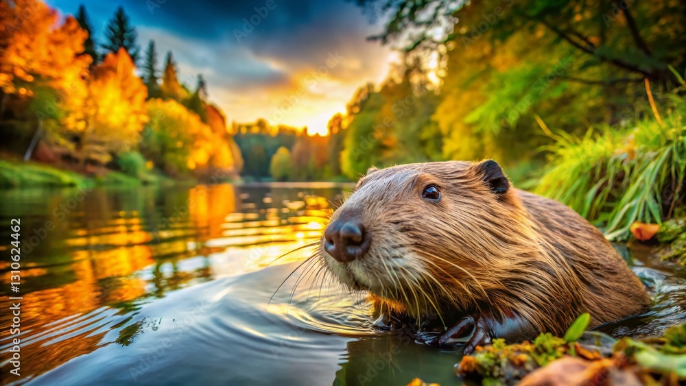 Majestic Beaver Aerial: Bokeh River Landscape, Wildlife Habitat, Nature Photography Majestic Beaver Aerial: Bokeh River Landscape, Wildlife Habitat, Nature Photography