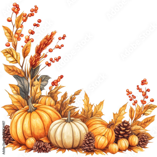 Watercolor Autumn Composition With Pumpkins, Leaves, Berries, Pine Cones. Seasonal Design