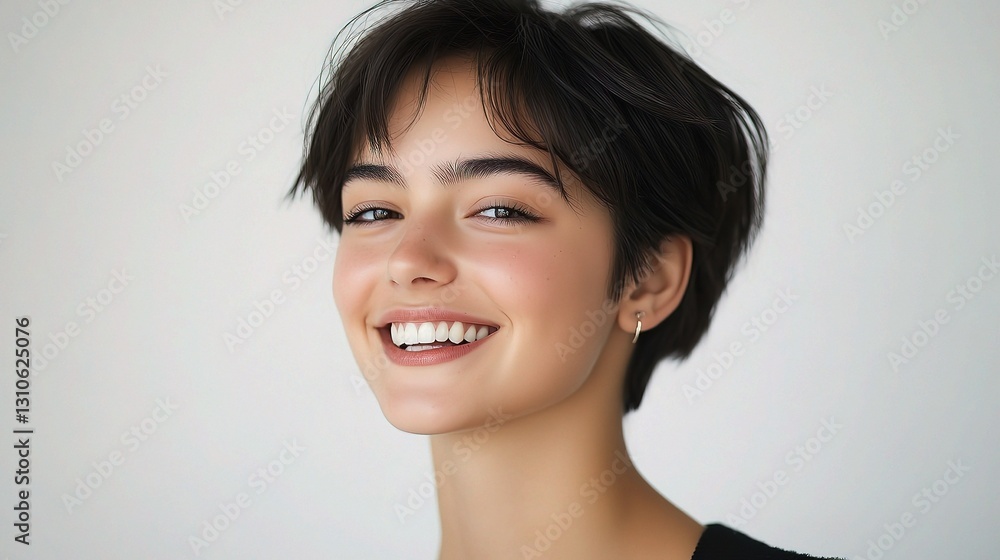 Young Beautiful Brunette Woman With Short Hair Smiling Joyfully Young Beautiful Brunette Woman With Short Hair Smiling Joyfully