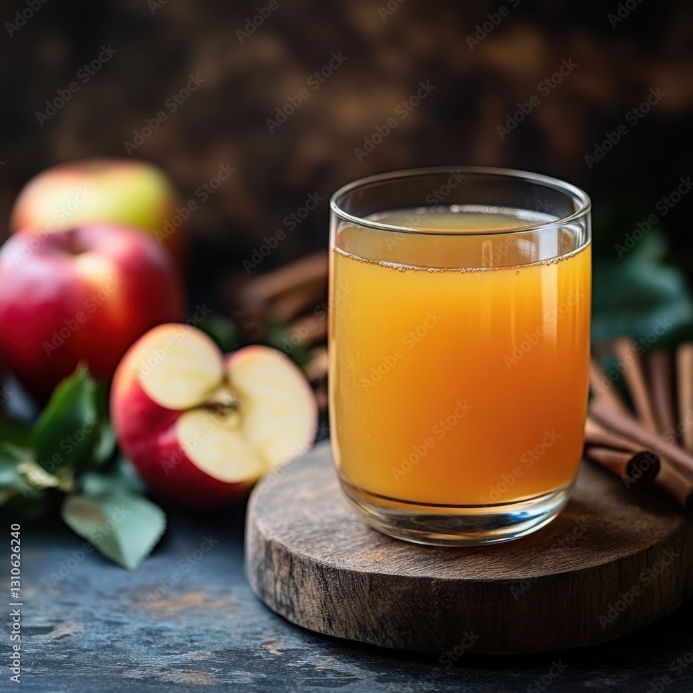 Refreshing glass of homemade cider with fresh apples and cinnamon sticks ready to enjoy on a cozy day Refreshing glass of homemade cider with fresh apples and cinnamon sticks ready to enjoy on a cozy day