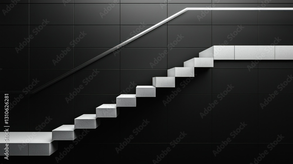 Modern staircase with gray tiled background and sleek, white steps Modern staircase with gray tiled background and sleek, white steps