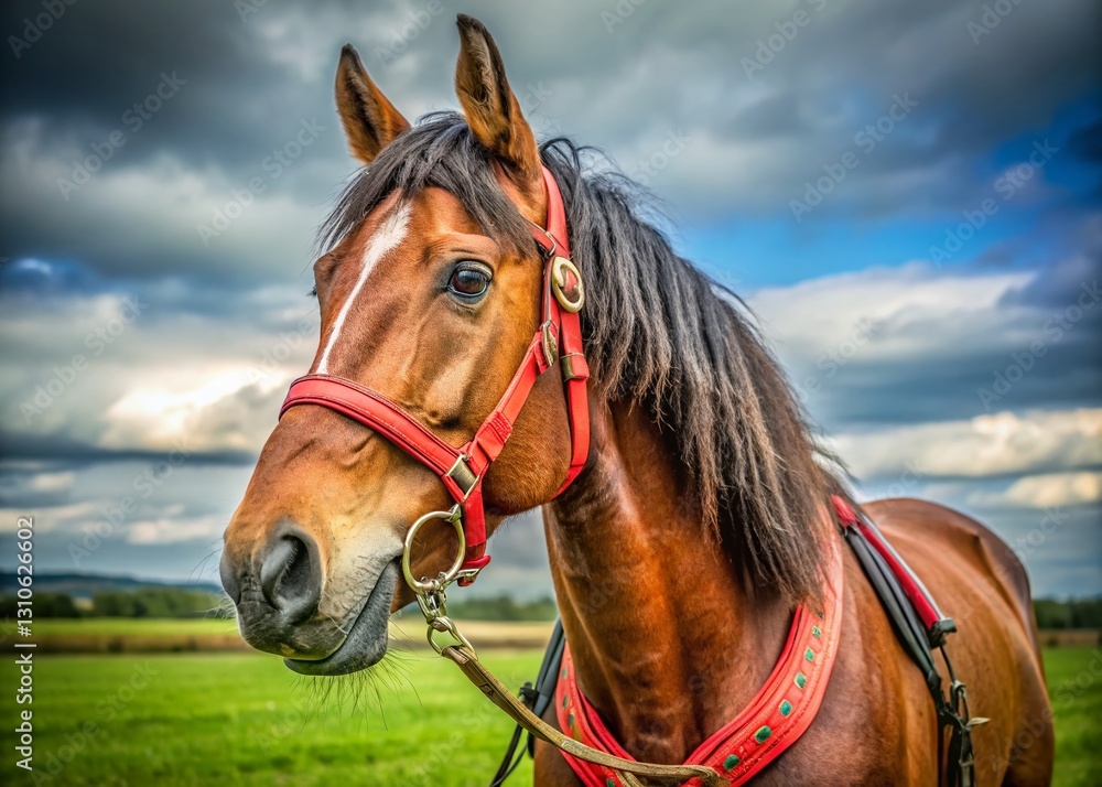 Obraz premium Majestic Brown Horse in Red Harness - Rural Landscape Stock Photo