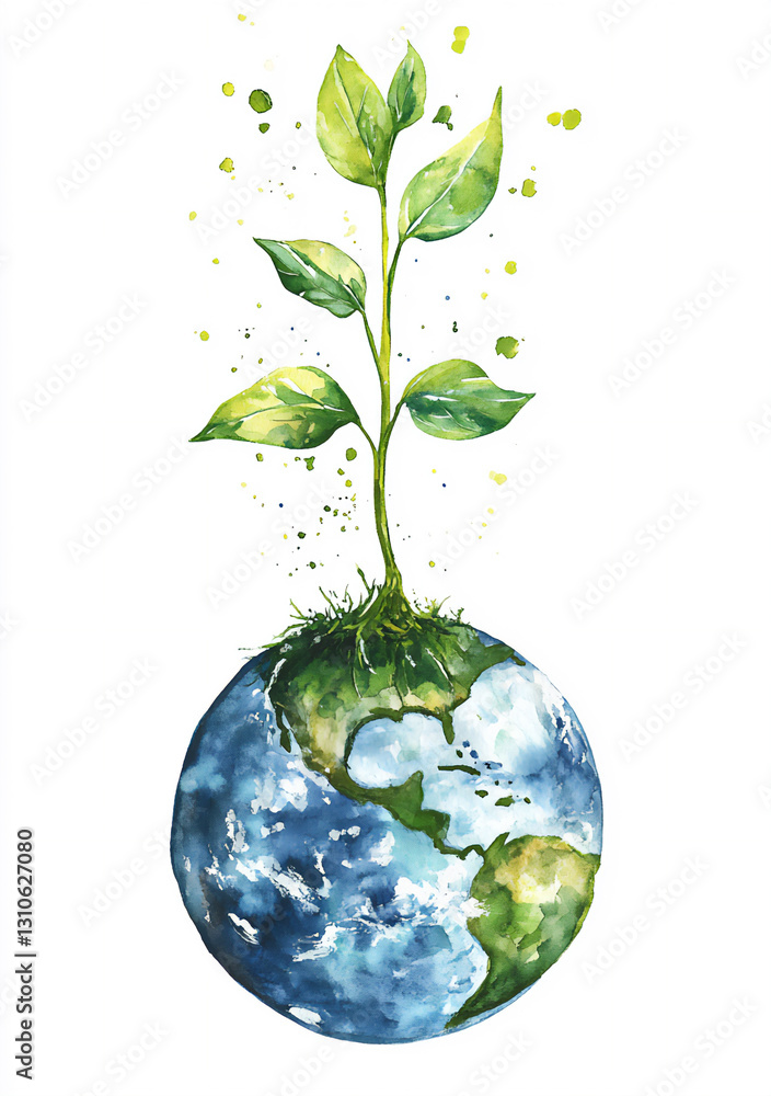 a watercolor illustration of the earth with an isolated white background,