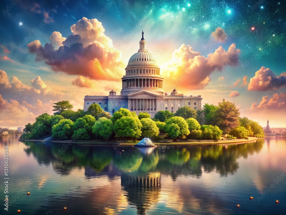 Obraz premium Majestic Capitol Building Floating Island: Surreal American Landscape