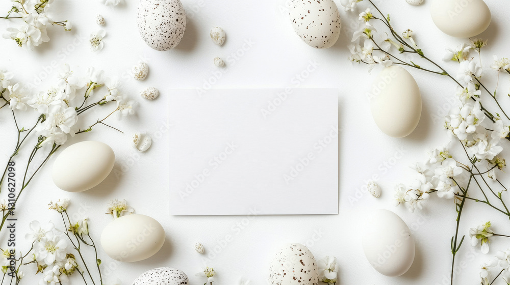 A flat lay of an empty, blank white card, surrounded by delicate Easter eggs and spring flowers on the sides A flat lay of an empty, blank white card, surrounded by delicate Easter eggs and spring flowers on the sides