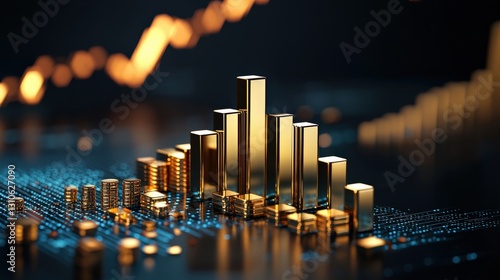 A conceptual bar graph made entirely of gold bricks increasing in size.