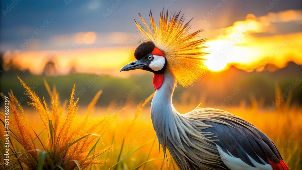 Fototapeta premium Majestic Crowned Crane Bird Surveying Savanna Landscape at Sunset, Wildlife Photography