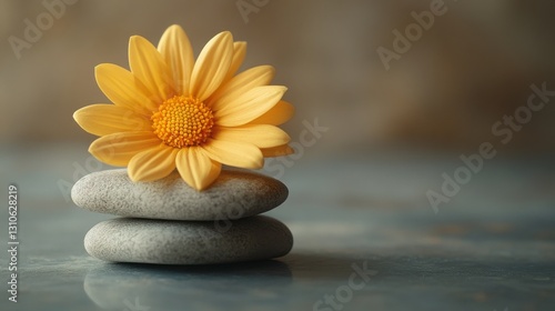 A delicate flower gracefully resting on a rock surrounded by natural elements creating a calm atmosphere