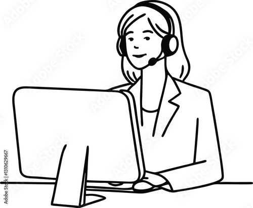 Female customer service operator line drawing  in front of a computer with a headset.