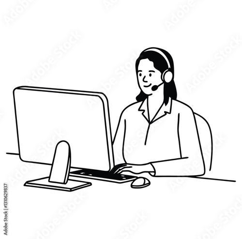 Female customer service operator line drawing  in front of a computer with a headset.