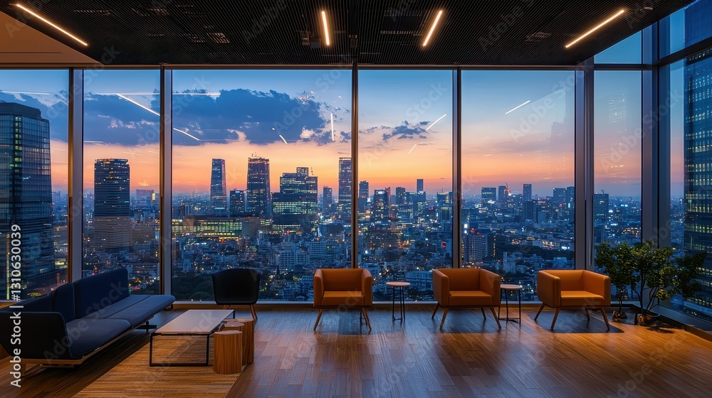 Fototapeta premium Modern Office Interior with Stunning City View at Dusk