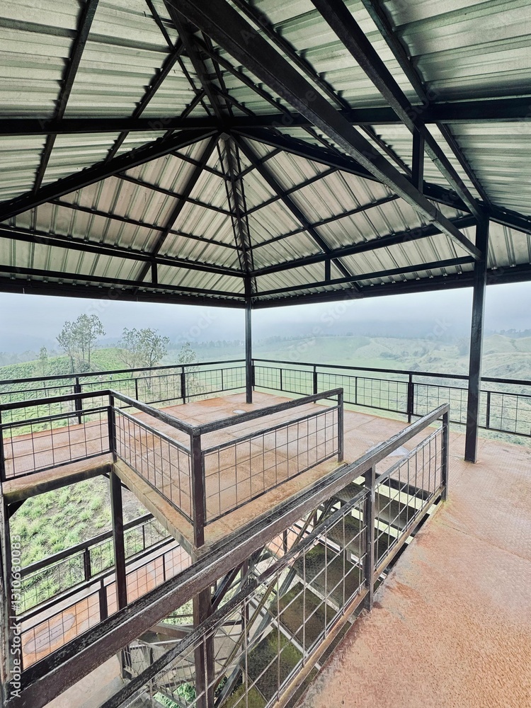 Metal Observation Deck Overlooking Foggy Landscape Metal Observation Deck Overlooking Foggy Landscape