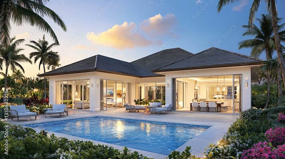 Fototapeta premium Modern Luxury Home with Spacious Patio at Sunset, Embracing Golden Hour Warmth and Elegance