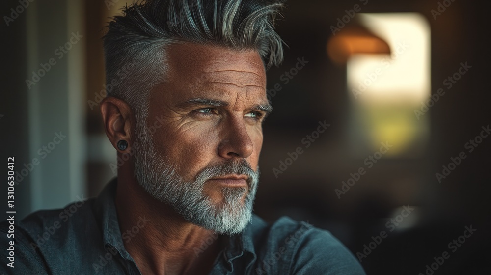 Fototapeta premium Thoughtful man with gray hair in a cozy indoor setting