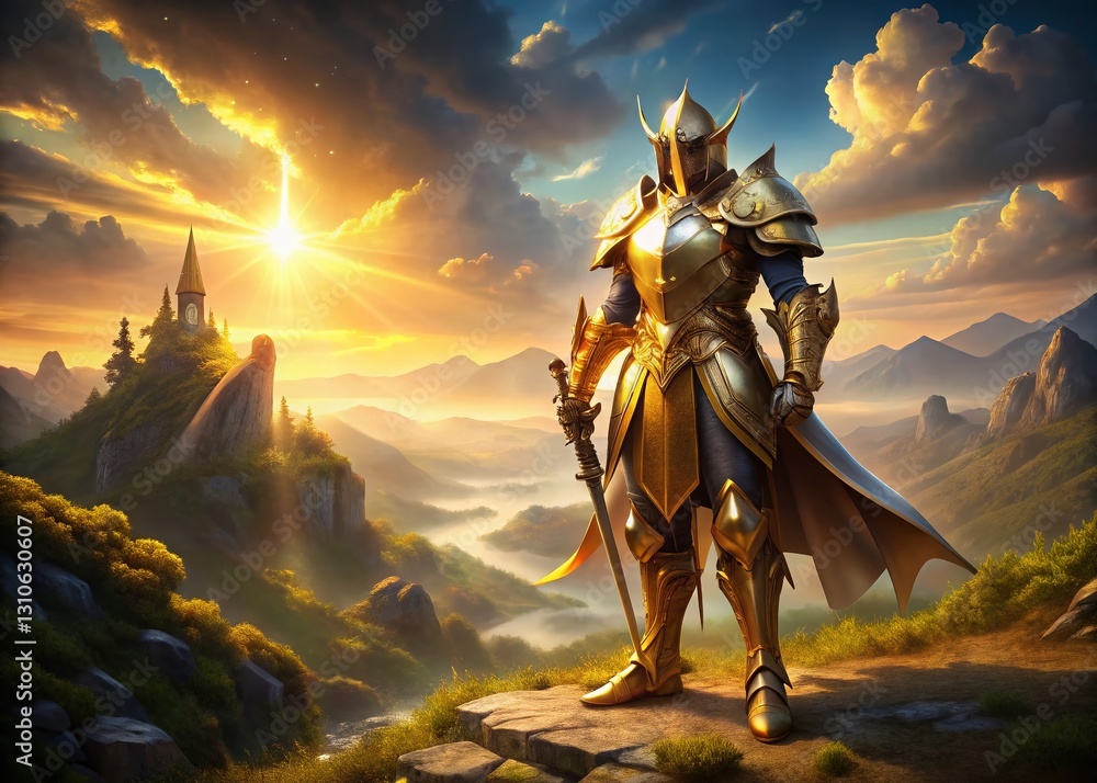 Majestic Golden Knight in Radiant Armor, Divine Light Illuminates Serene Landscape Majestic Golden Knight in Radiant Armor, Divine Light Illuminates Serene Landscape