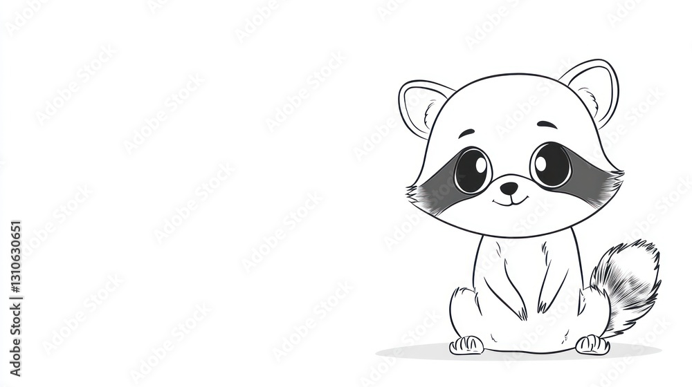 Fototapeta premium Adorable cartoon raccoon sitting upright against a white background