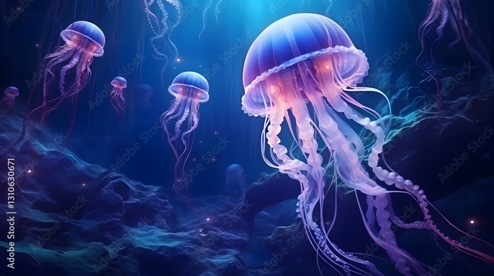 Naklejka premium 3D underwater life web banner with a mesmerizing deep-sea scene and glowing jellyfish