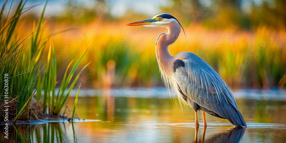 Fototapeta premium Majestic Great Blue Heron Standing in Marsh - Wildlife Photography
