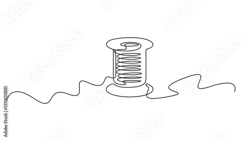 Spools of thread, needle. Continuous vector one line drawing. Graphic editable contour. Symbol for atelier and fashion design concept. Doodle vector illustration