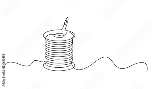 Spools of thread, needle. Continuous vector one line drawing. Graphic editable contour. Symbol for atelier and fashion design concept. Doodle vector illustration