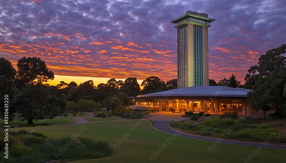 Obraz premium Modern Tower at Sunset with Vibrant Sky and Lush Gardens