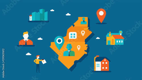 Investment Map An illustration of a map showing various locations with real estate icons and small figures representing investors pointing at the map.