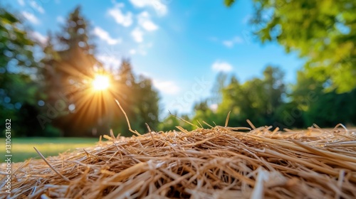 Fototapeta Naklejka Na Ścianę i Meble -  Sunlit straw bales a tranquil summer meadow in nature photography