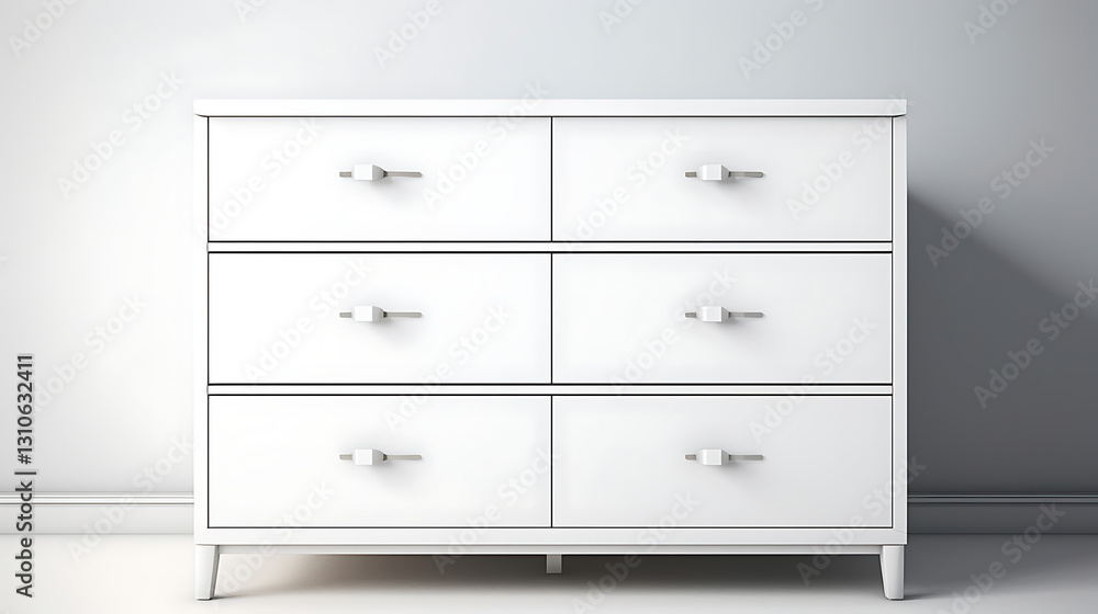 A white dresser with six drawers sits in a room A white dresser with six drawers sits in a room