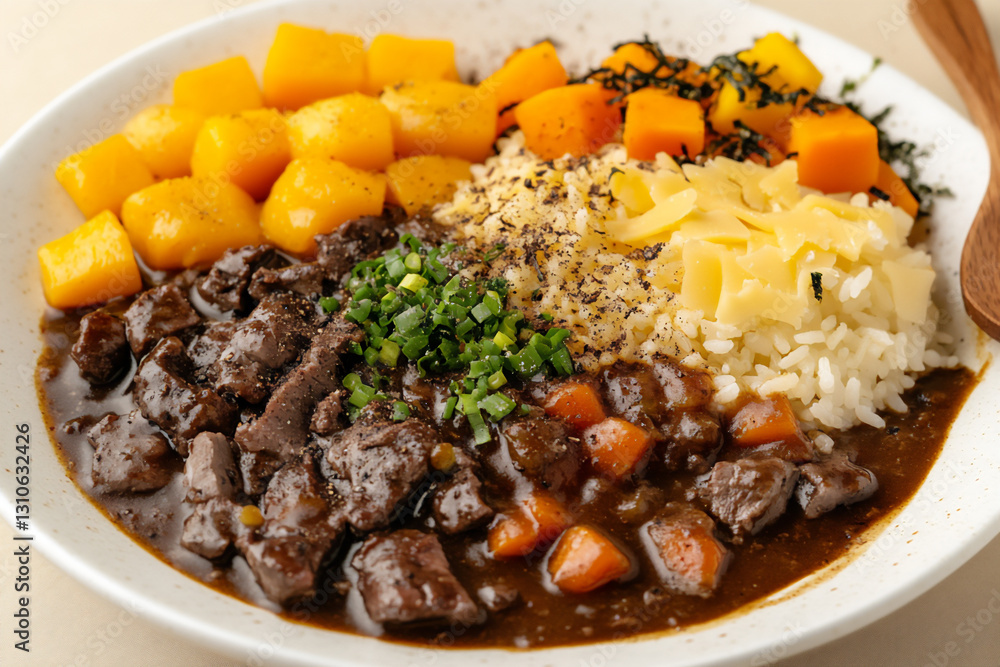 a white plate with japanese-style curry and rice, a white plate with japanese-style curry and rice,