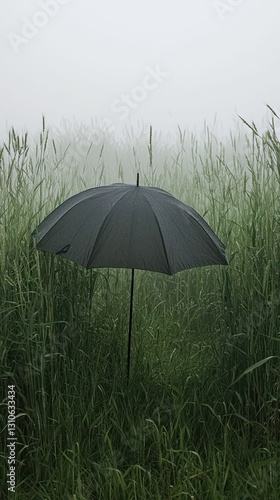 Peaceful Wheat Field Under Misty Dawn with Black Umbrella
