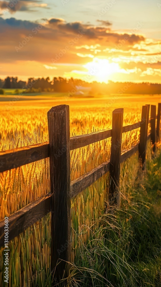 Obraz premium Serene Sunset Over Golden Wheat Fields in a Rural Setting
