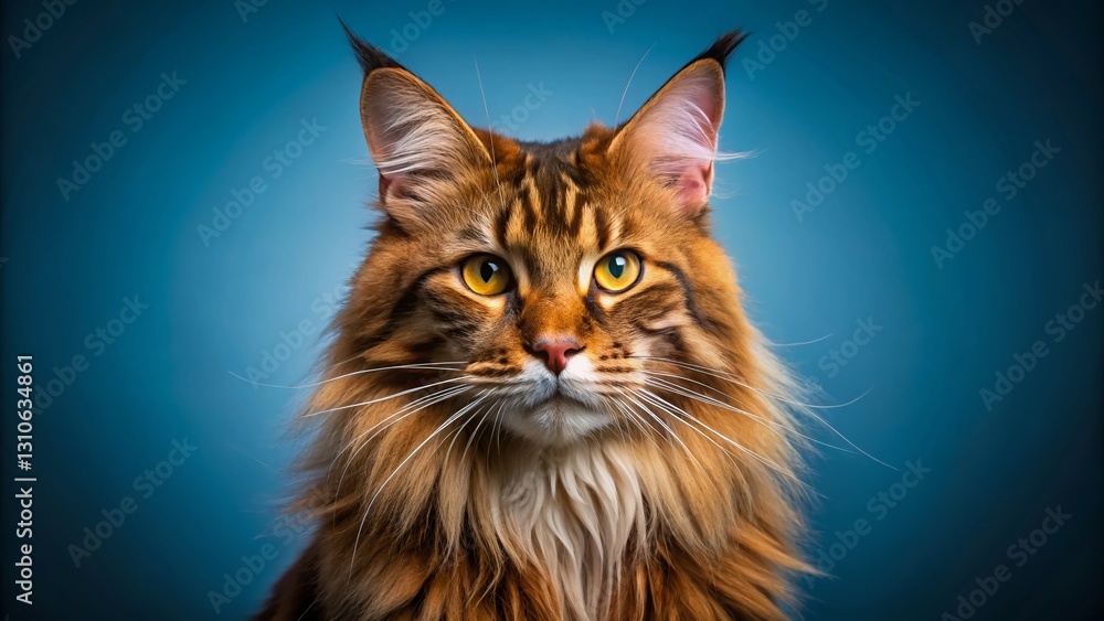 Fototapeta premium Majestic Maine Coon Cat Close-Up: Fluffy Brown Fur, Blue Background