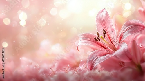 Pink lilies bask in soft, bright light, petals abound. Bokeh backdrop