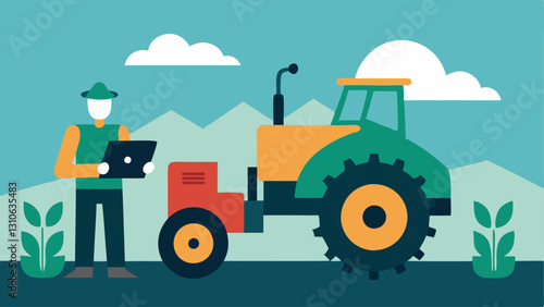 Technology Gap A large hightech corporate tractor working efficiently in the background while a small farmer struggles with outdated tools in the foreground.