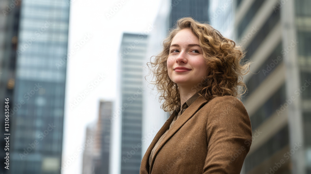 A smiling young business woman with curly hair in the city, generative AI A smiling young business woman with curly hair in the city, generative AI