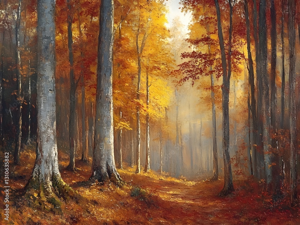 Fototapeta premium Enchanting Autumn Forest Path with Vibrant Fall Foliage and Warm Sunlight