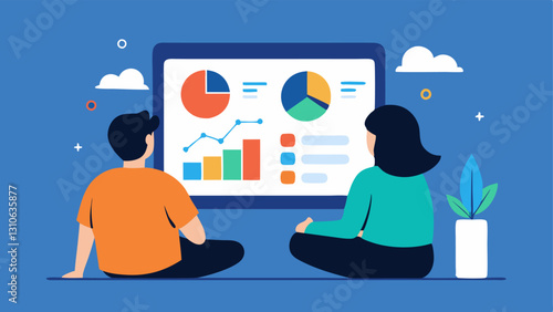Monthly Review Session The couple sitting together reviewing their financial app on a large screen. Charts and reports are displayed helping them analyze their spending habits.