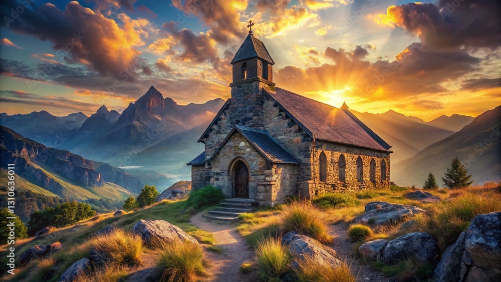 Naklejka premium Majestic Mountain Church Landscape: Rural Serenity and Architectural Grandeur