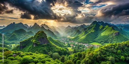Majestic Mountain Landscape: Cloudy Sky, Lush Forest