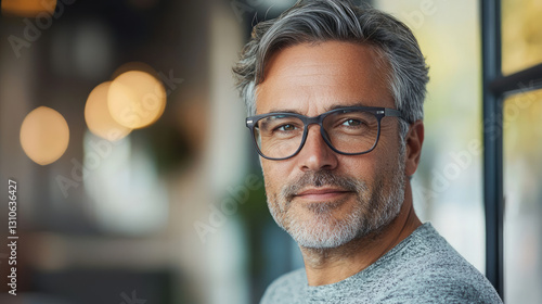 Portrait of a confident, middle-aged business man with glasses and gray hair, generative AI