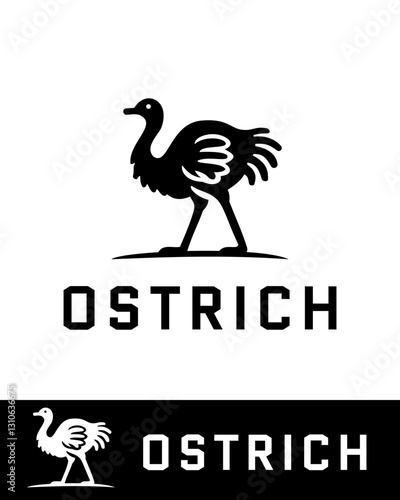 A modern and minimalist ostrich logo design featuring a stylized bird with elegant feather details