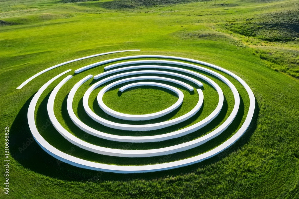 Aerial view of a circular white sculpture in a green landscape Aerial view of a circular white sculpture in a green landscape