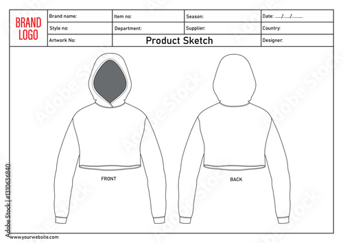 Ladies hoodie technical drawing template with tech pack details