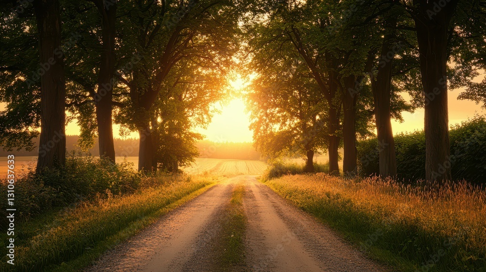 Obraz premium Serene Country Road at Crossroads with Tall Trees and Sunset Light