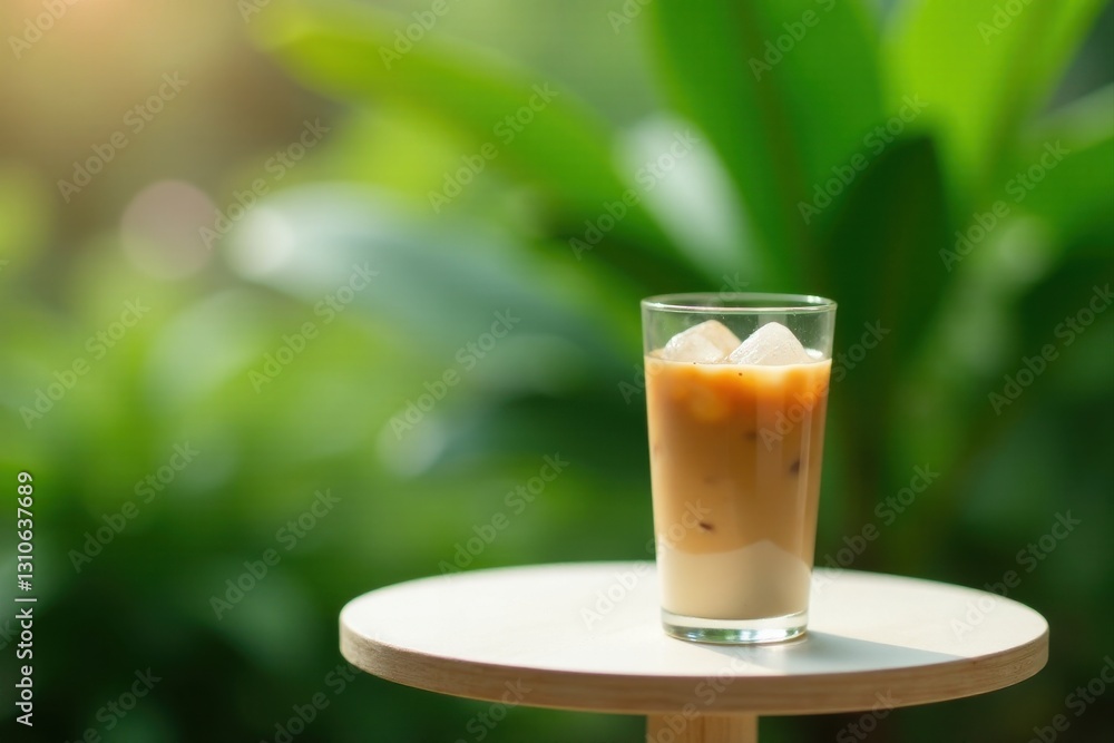 Refreshing Iced Coffee Drink on a Small Table Outdoors in Natural Sunlight Refreshing Iced Coffee Drink on a Small Table Outdoors in Natural Sunlight