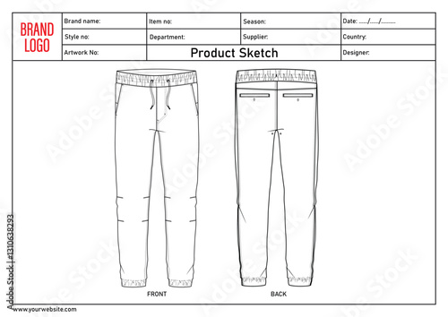 Sweat pant technical drawing fashion flat sketch template with clothing tech pack details