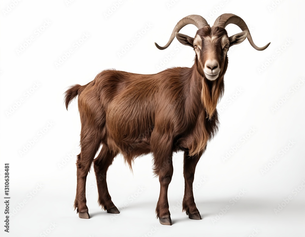 Brown Goat with Long Horns, Isolated on White Background Brown Goat with Long Horns, Isolated on White Background